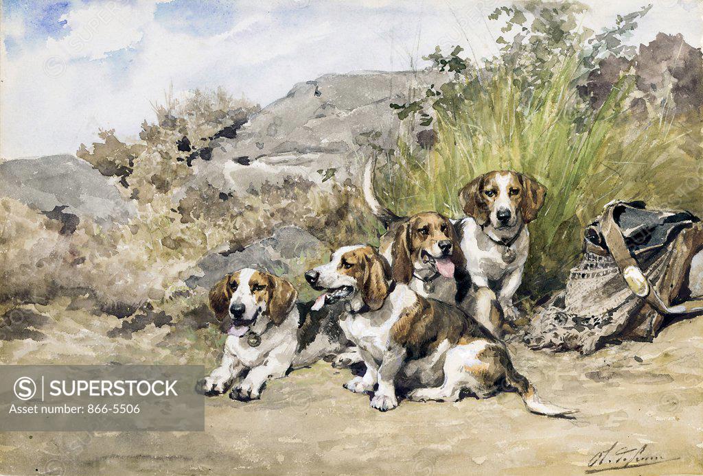 Stock Photo: 866-5506 Hounds at Rest Olivier Penne (1831-1897 French) Wat&pencil on paper