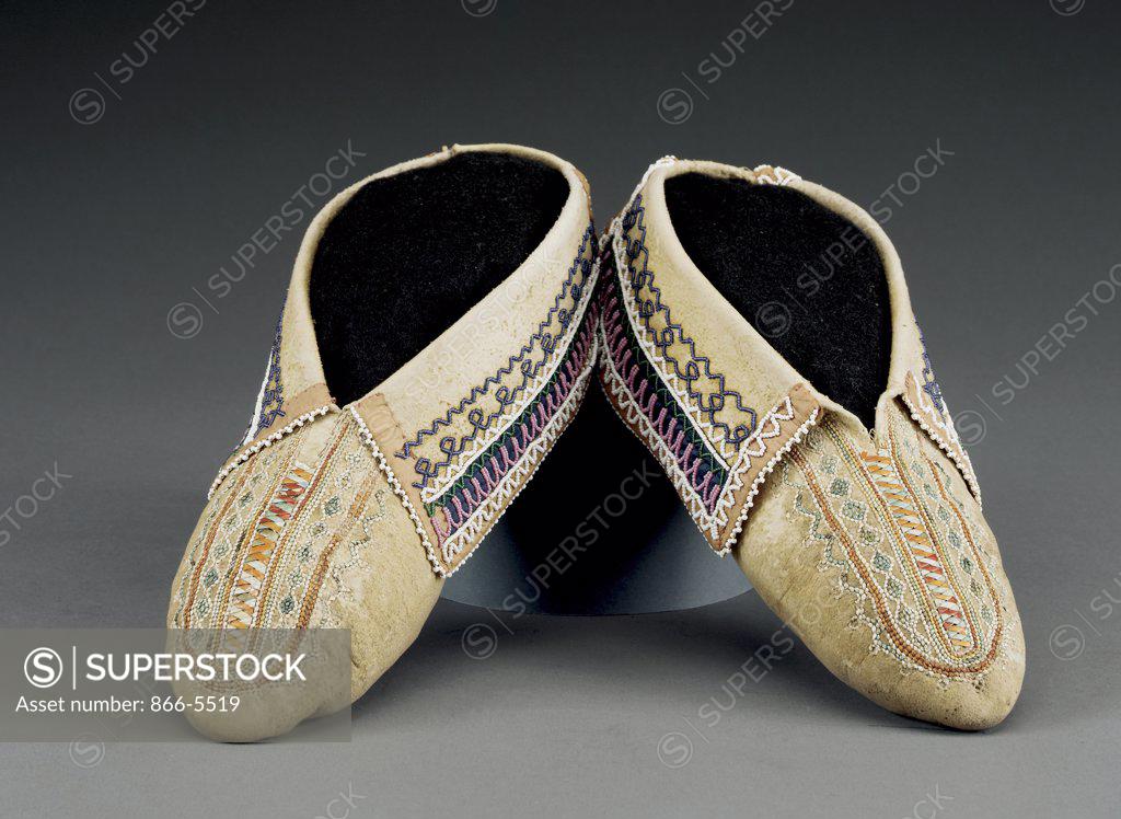 Stock Photo: 866-5519 An Early Pair of Iroquois Quilled Hide Moccasins Native American Art 