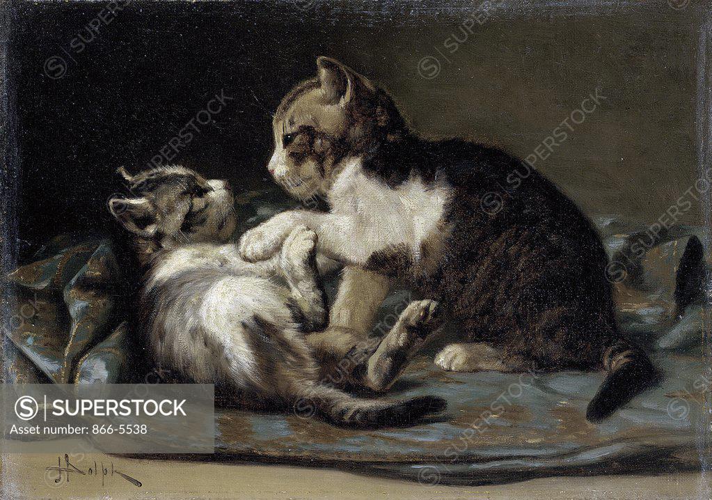 Stock Photo: 866-5538 Playful Kittens John Henry Dolph (1835-1903 American) Oil on canvas board