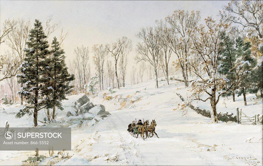 Stock Photo: 866-5552 Winter on Ravensdale Road, Hastings-on-Hudson, New York Jasper Francis Cropsey (1823-1900 American) Watcol, gouach paper