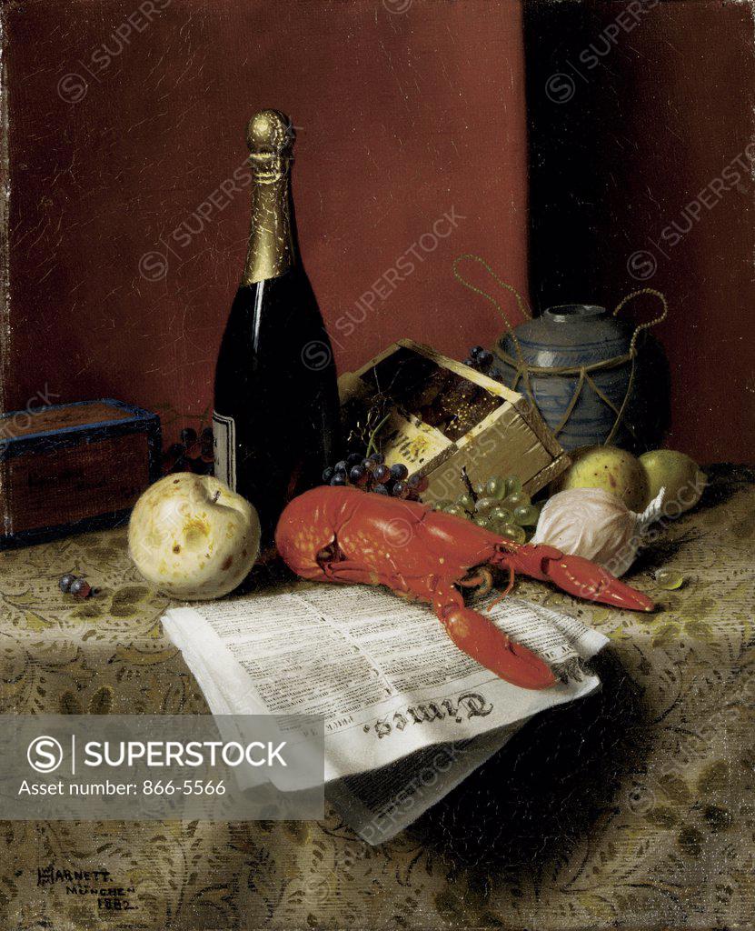 Stock Photo: 866-5566 Still Life with Lobster, Fruit, Champagne and Newspaper William Michael Harnett (1848-1892 American) Oil on canvas