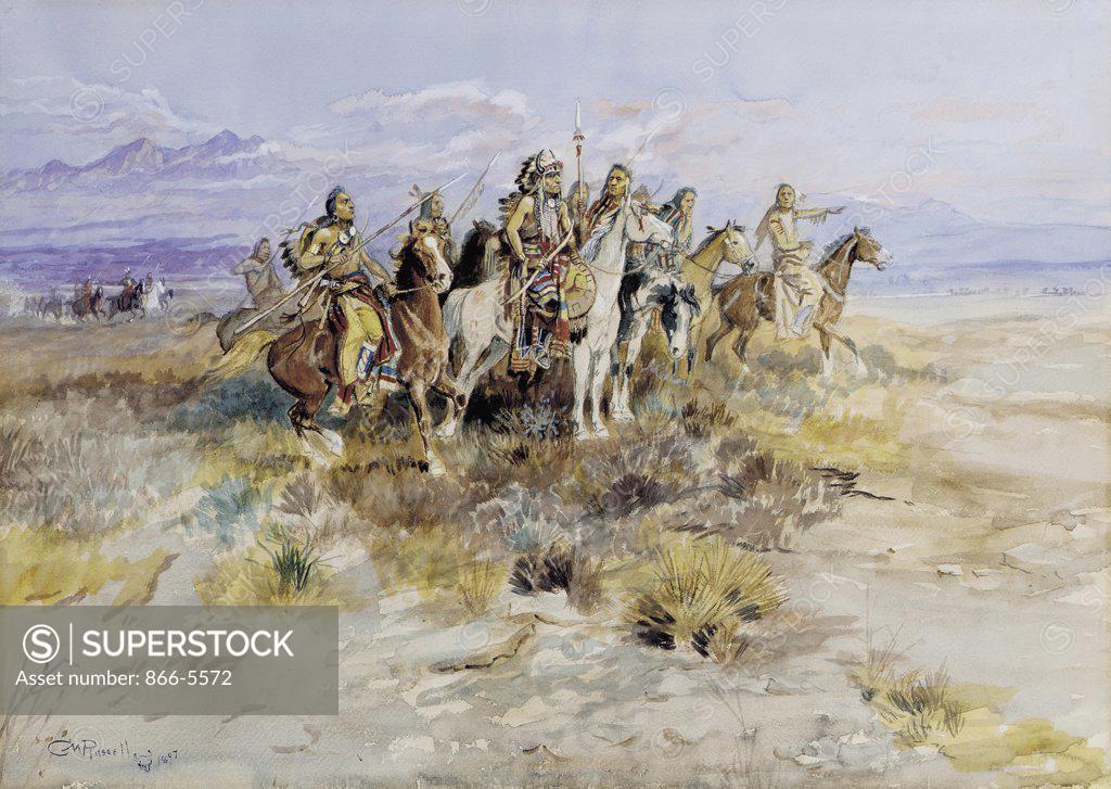 Stock Photo: 866-5572 Indian Scouting Party Charles Marion Russell (1864-1926 American) Watercolor on paper