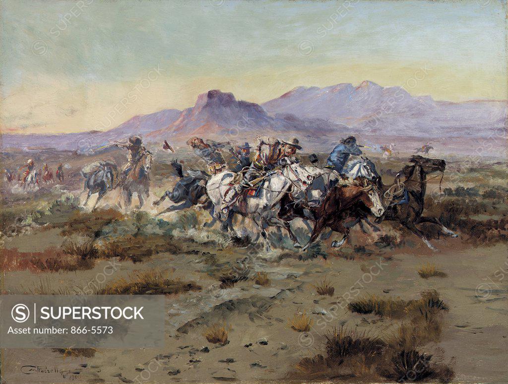 Stock Photo: 866-5573 The Attack Charles Marion Russell (1864-1926 American) Oil on board