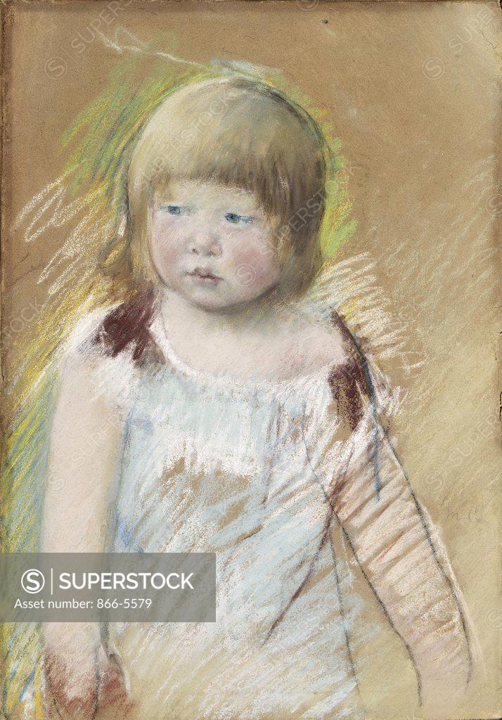 Stock Photo: 866-5579 Child with Bangs in a Blue Dress Mary Cassatt (1844-1926 American) Pastel on paper brd