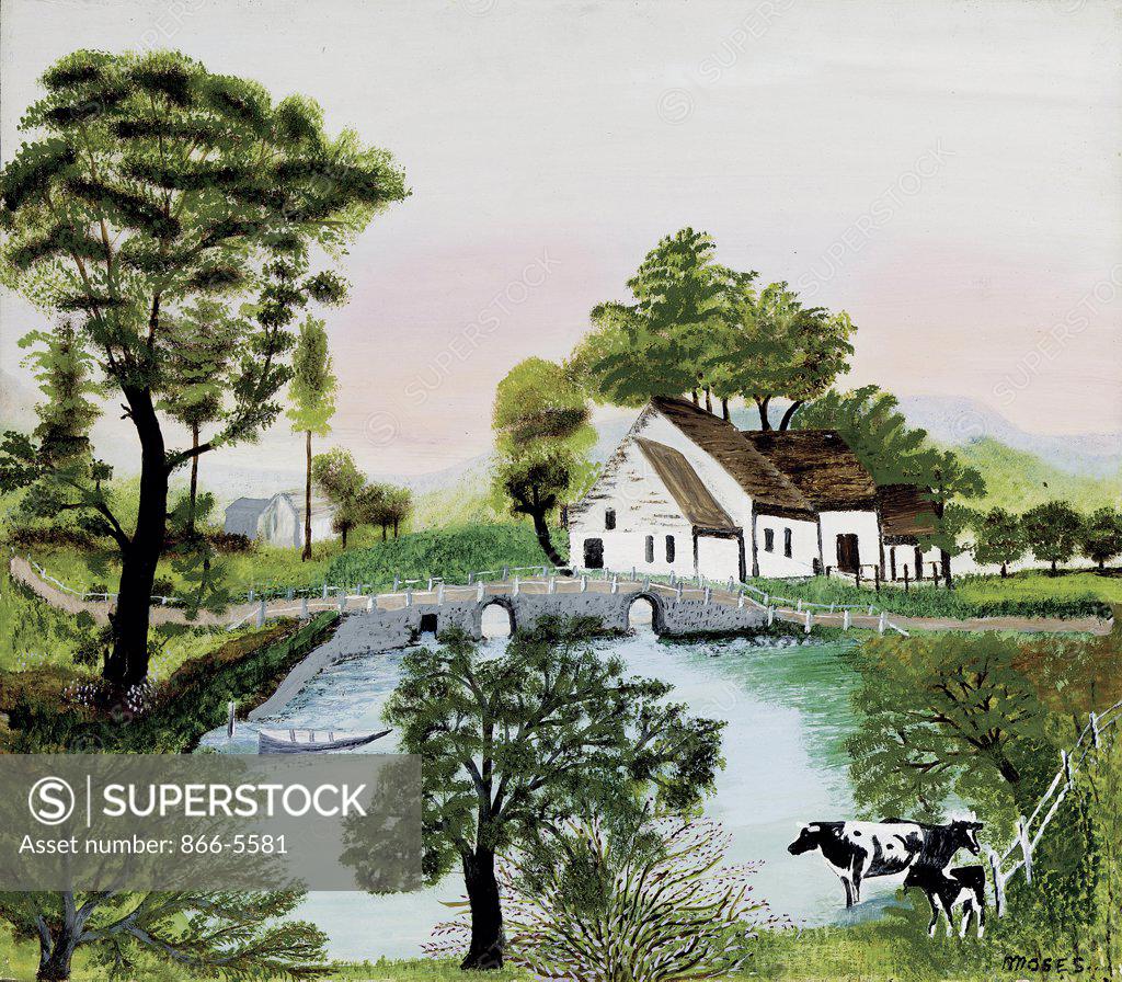 Stock Photo: 866-5581 Farm Along the River Grandma Moses (1860-1961 American) Tempera&oil on panel