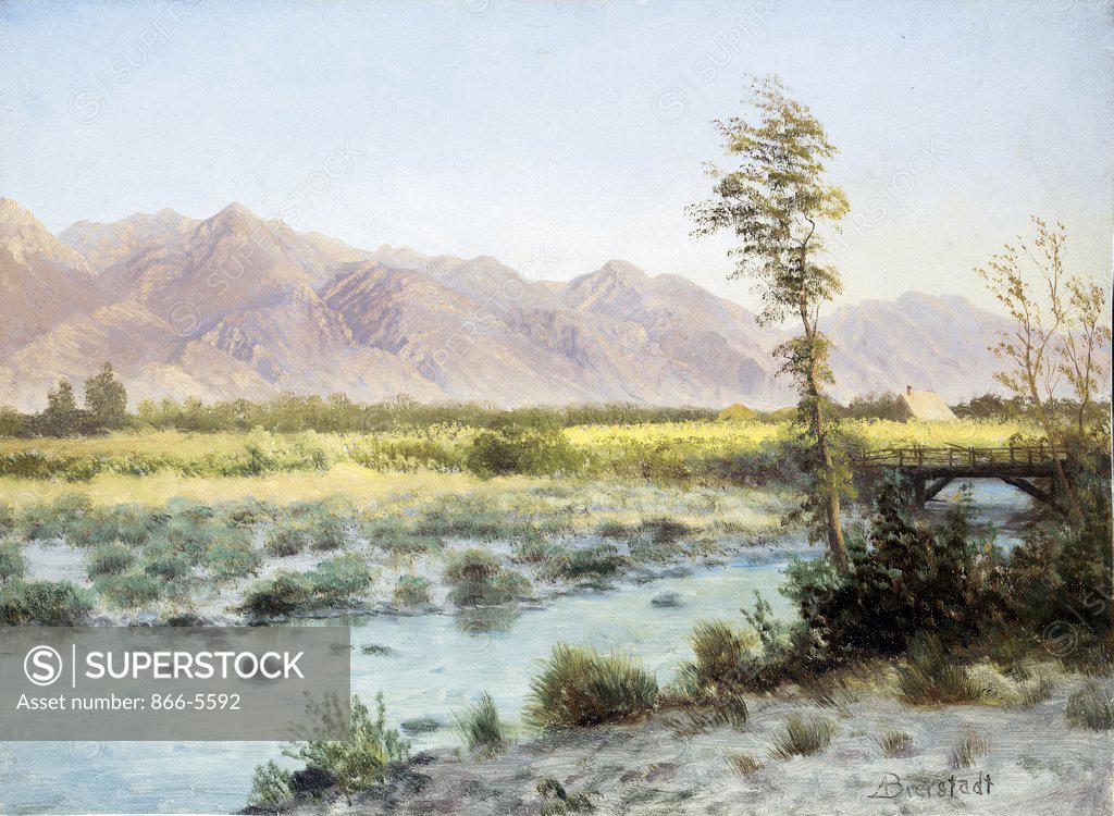 Stock Photo: 866-5592 Western Landscape Albert Bierstadt (1830-1902 American) Oil on paper