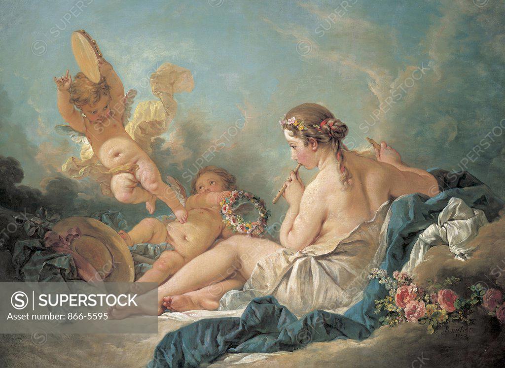 Stock Photo: 866-5595 A Reclining Nymph Playing the Flute with Putti, Perhaps the Muse Euterpe Francois Boucher (1703-1770 French) Oil on canvas