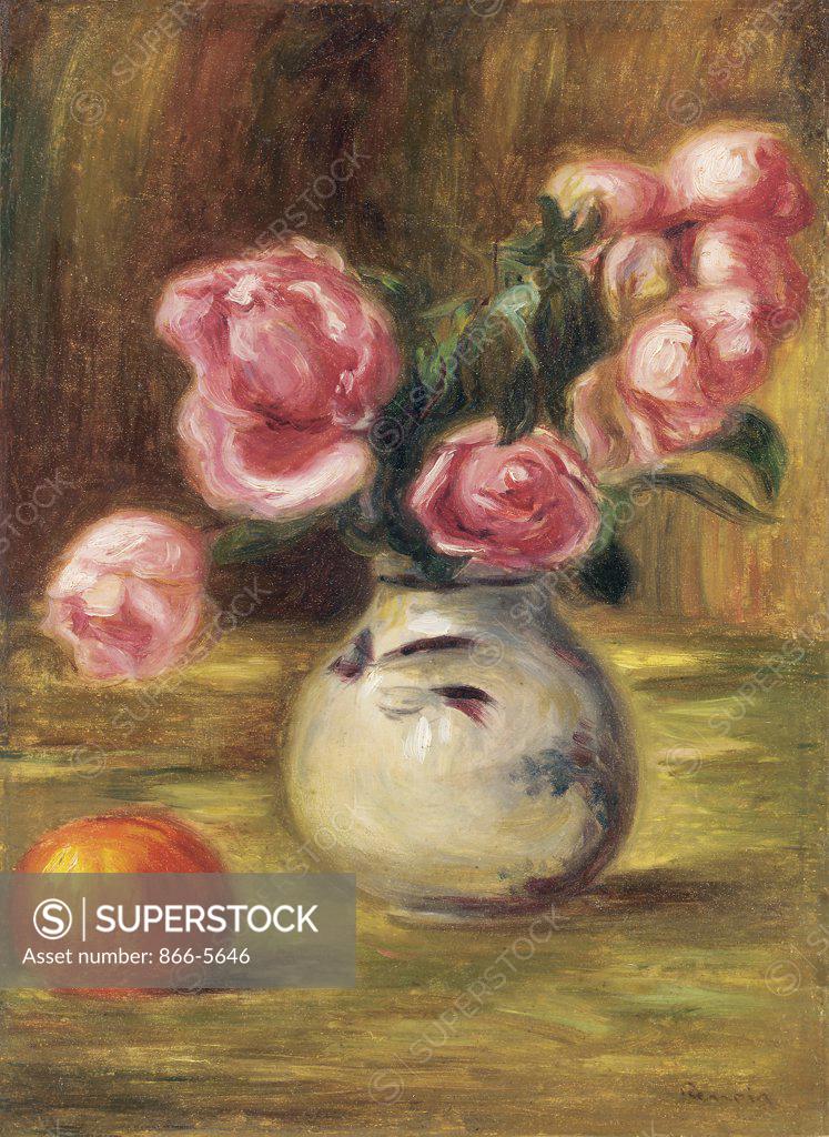 Stock Photo: 866-5646 Vase de Roses et Orange, 1910 Pierre Auguste Renoir (1841-1919 French)