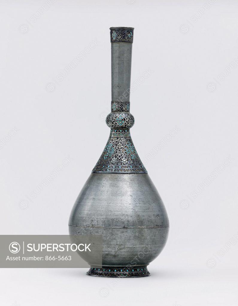 Stock Photo: 866-5663 An Ottoman Turquoise Inset Silver Mounted Zinc Bottle, Istanbul Turkey 17th Century Islamic Art Antique