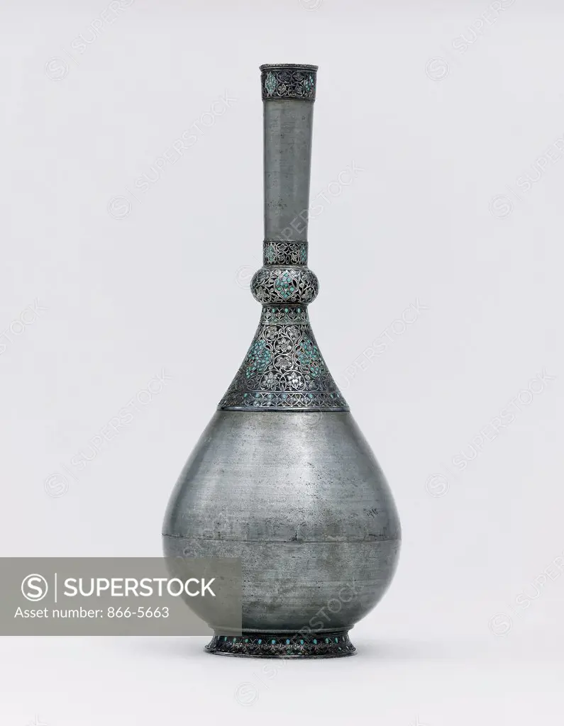 An Ottoman Turquoise Inset Silver Mounted Zinc Bottle, Istanbul Turkey 17th Century Islamic Art Antique