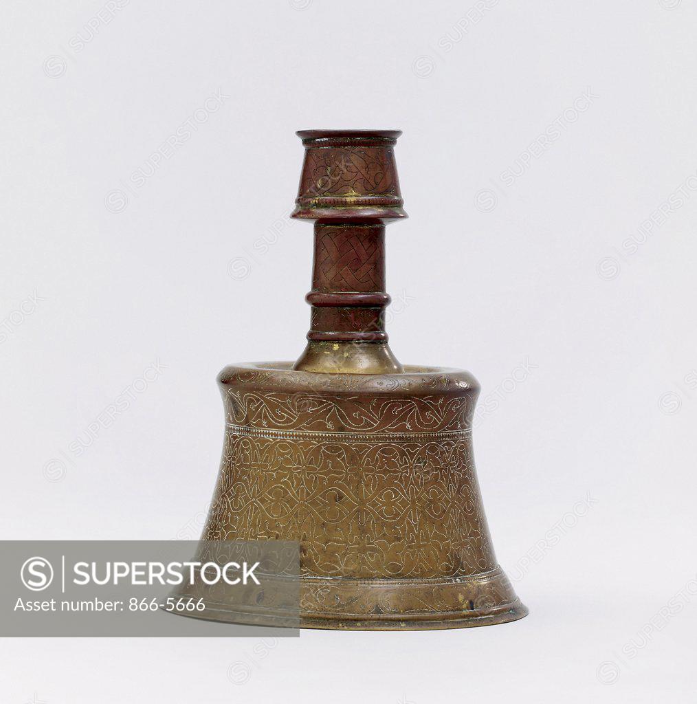 Stock Photo: 866-5666 An Early Ottoman Cast Brass Candlestick, Turkey Late 15th Century Islamic Art Antique