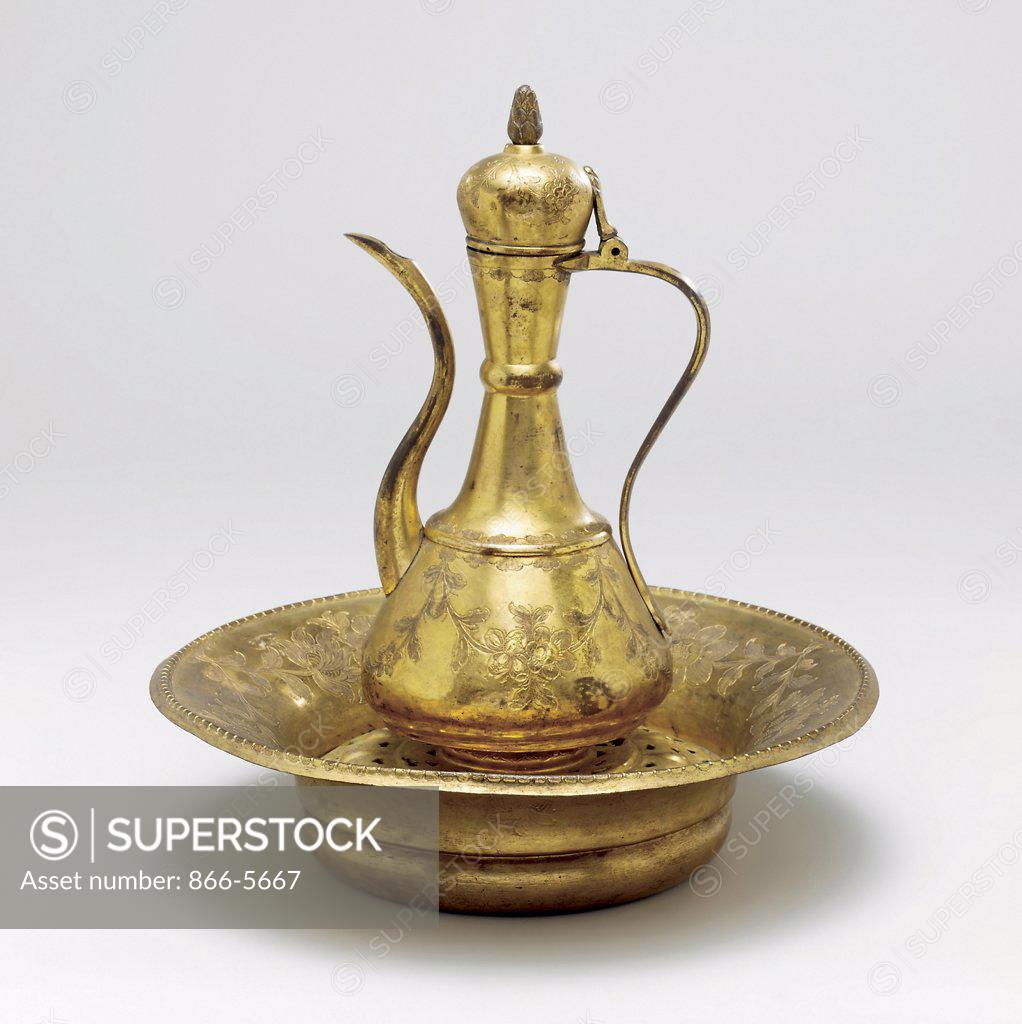 Stock Photo: 866-5667 An Ottoman Tombak Ewer and Basin, Turkey 19th Century Islamic Art Antique