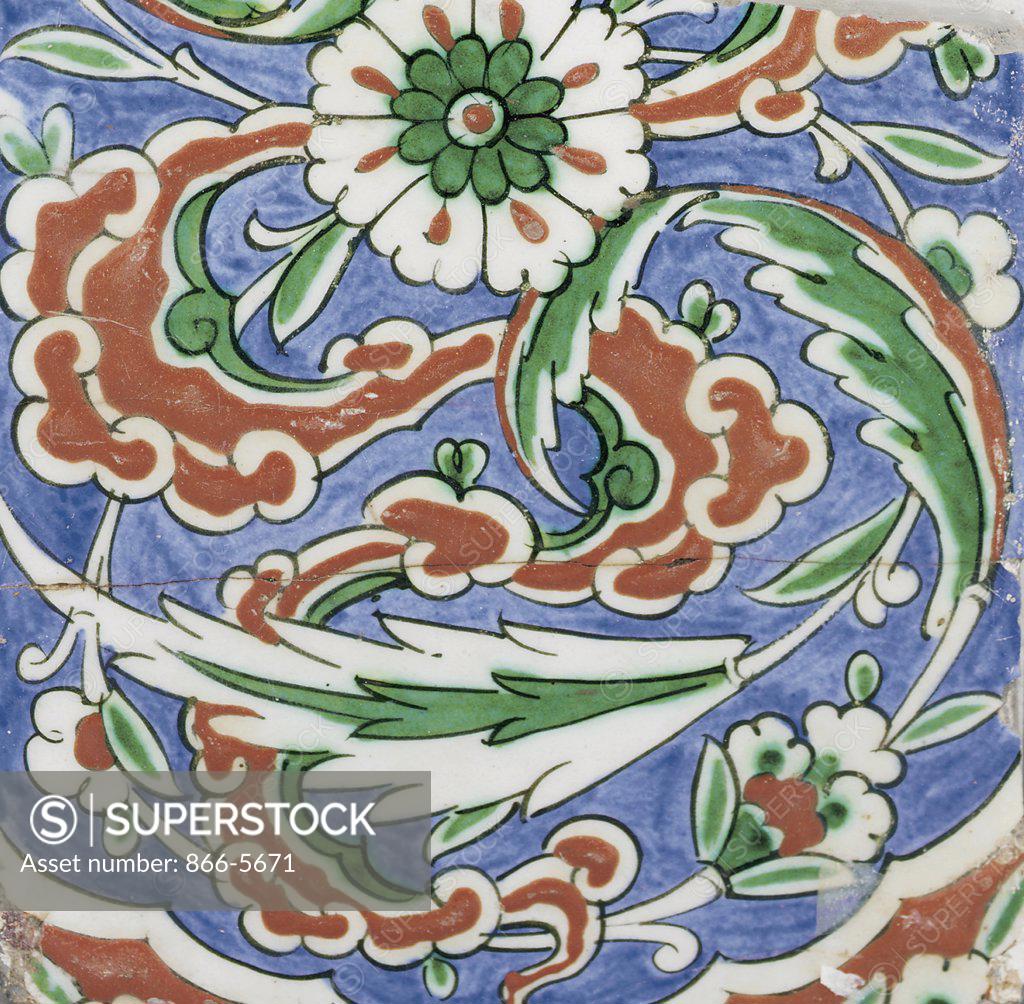 Stock Photo: 866-5671 Partial Iznik Pottery Tile, Ottoman Turkey Late 16th Century Islamic Art 