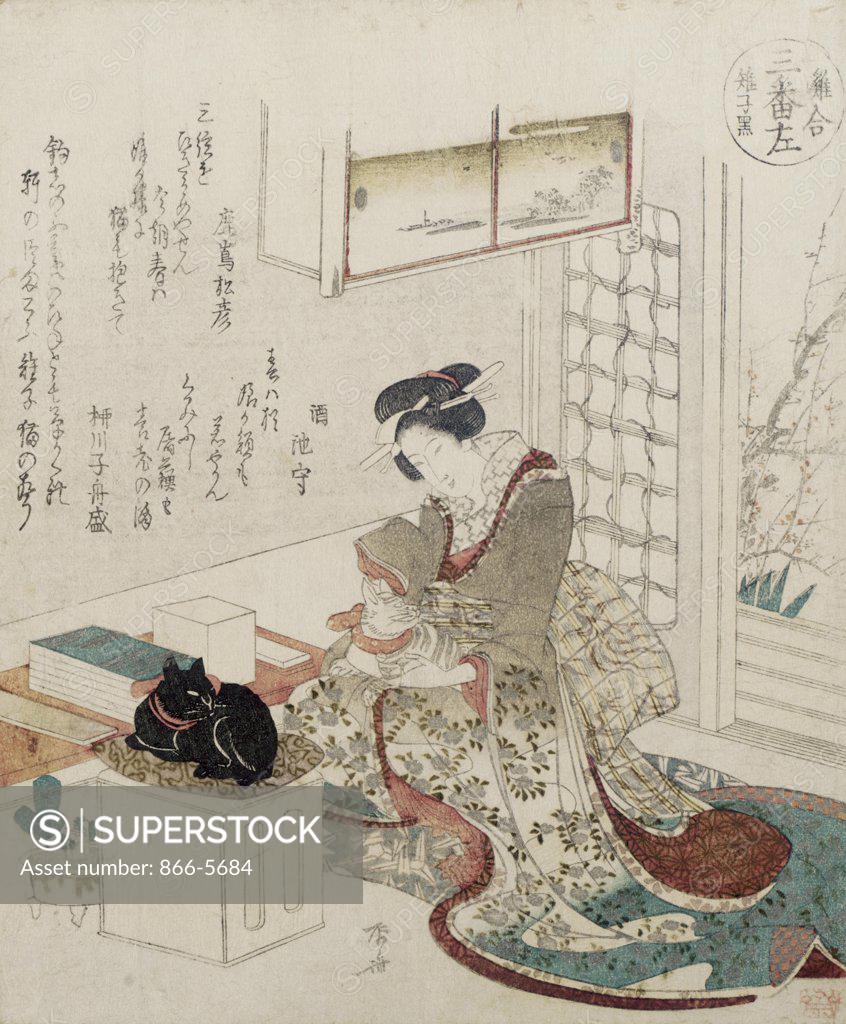 Stock Photo: 866-5684 Girl with Two Cats, from the Large Fish Series Ryuryukyo Shinsai (1764-1820 Japanese)