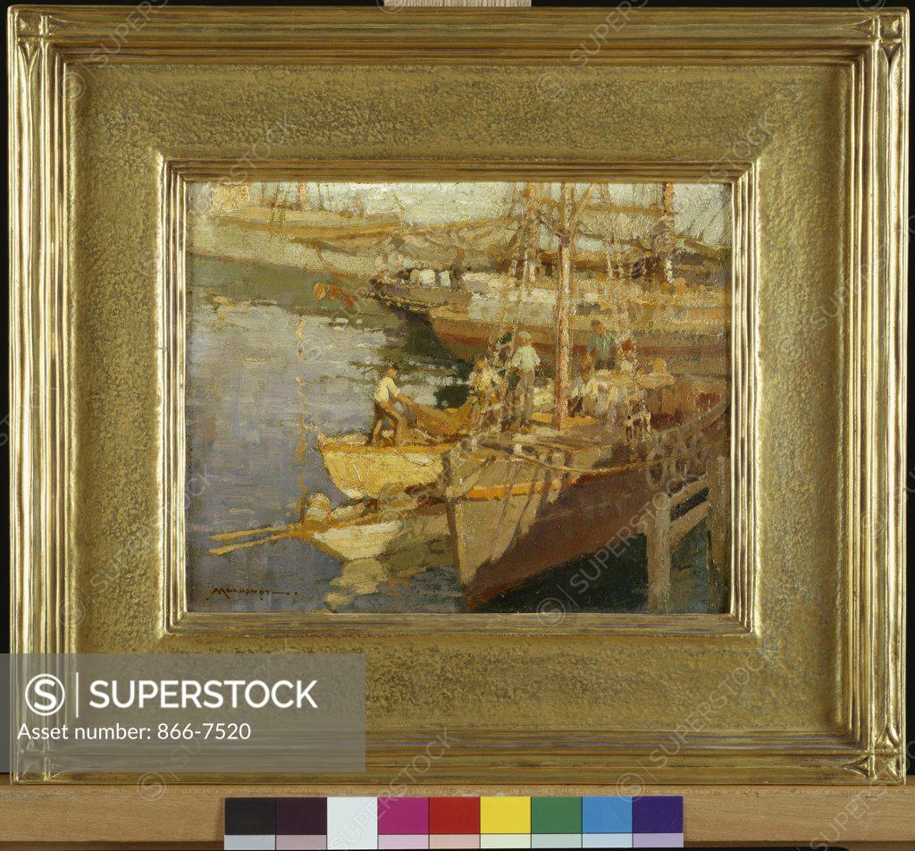 Stock Photo: 866-7520 At The Guinea Wharf, Gloucester, Massachusetts. Frederick John Muhaupt (1871-1938). Oil On Canvasboard.