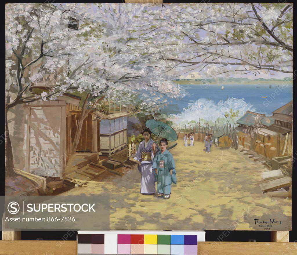 Stock Photo: 866-7526 Sunshine And Cherry Blossoms, Nogeyama, Yokohama. Theodore Wores (1839-1959). Oil On Rosewood, 1893.