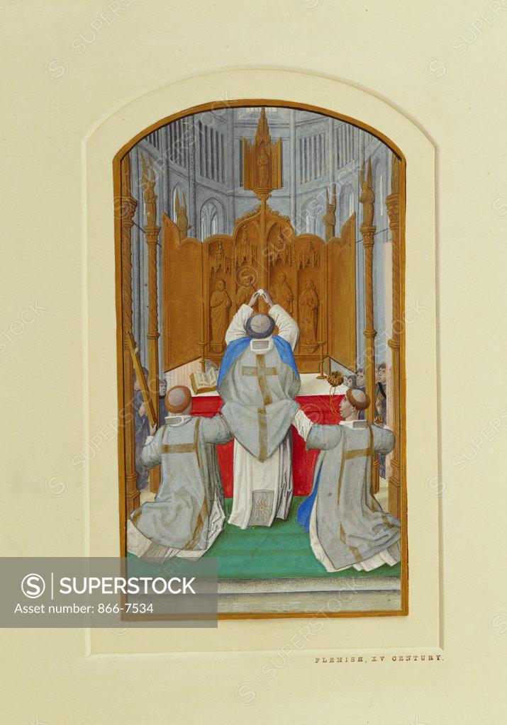 Stock Photo: 866-7534 Mass of Saint Gregory.  Illuminated miniature on vellum. (Flanders, Master of the first prayerbook of Maximillian, or close associate, Ca.1480-1490). 163 X 90mm.