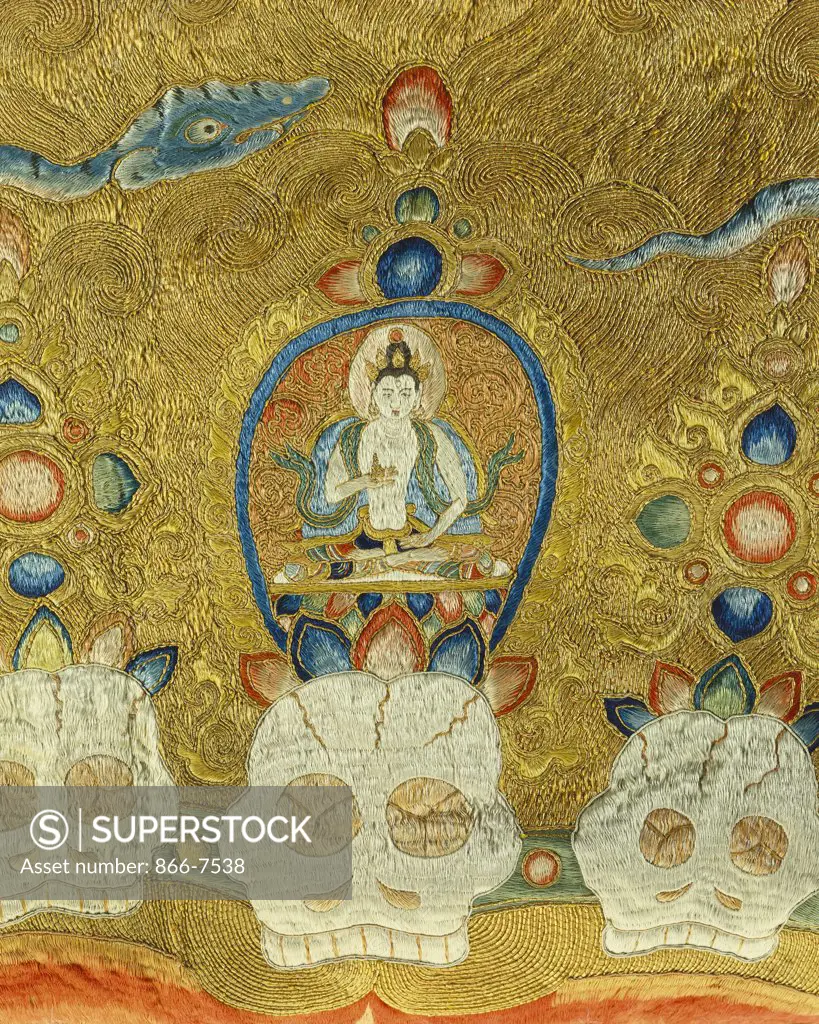 Detail of a seated Buddha above skulls on the crown of Raktayamari, from a rare and imperial embroidered silk thanka, Yongle period (1403-1424). 335.3 x 213.4cm.