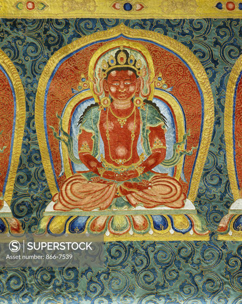 Stock Photo: 866-7539 Detail of the Manjusri Boddhisatva from a rare and important large imperial embroidered silk thanka, Yongle period (1403-1424). 335.3 x 213.4cm.