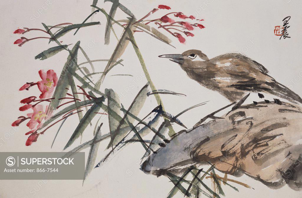 Stock Photo: 866-7544 Leaf From An Album Of Flower & Bird Paintings. Weng Zhen (1866-1938).  Ink And Colour On Paper. 27 X 40.5 Cm