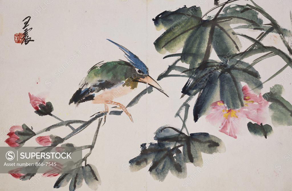 Stock Photo: 866-7545 Leaf From An Album Of Flower & Bird Paintings. Weng Zhen (1866-1938).  Ink And Colour On Paper. 27 X 40.5 Cm