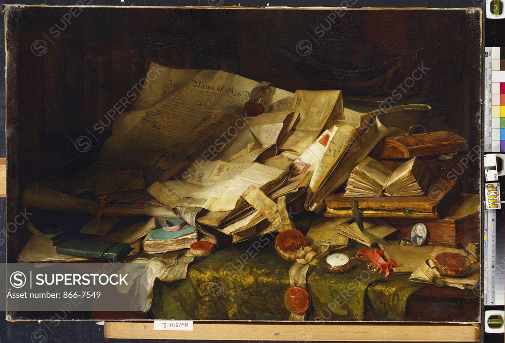 Stock Photo: 866-7549 Still Life: Books And Papers On A Desk. Catherine M. Wood (Fl. 1880-1939). Oil On Canvas. 61 X 91.5cm.