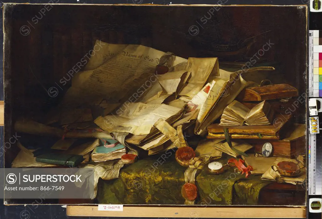 Still Life: Books And Papers On A Desk. Catherine M. Wood (Fl. 1880-1939). Oil On Canvas. 61 X 91.5cm.