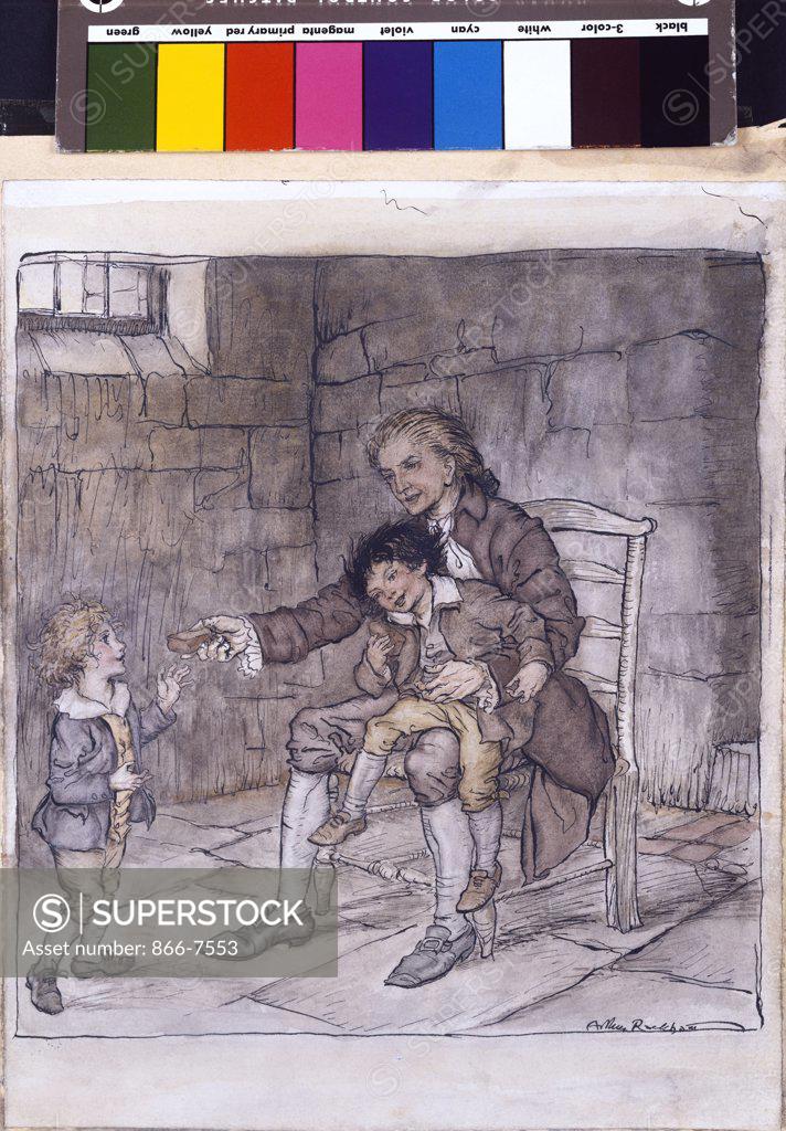 Stock Photo: 866-7553 Sir William Thornhill ('Mr Burchell') recognised by Bill and Dick: 'So-saying, he gave each a large piece of gingerbread...  The Vicar Of Wakefield, Ch XXX. Arthur Rackham (1867-1939). Pen and black ink and watercolour.