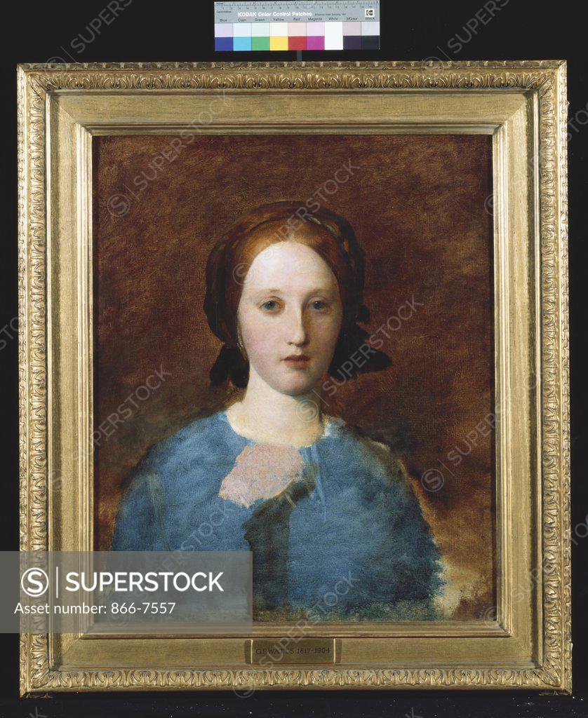Stock Photo: 866-7557 Portrait of Mrs Prescott Decie, bust length, in a blue dress - a sketch.  George Frederick Watts, O.M, R.A. (1817-1904). oil on canvas, 60.9 X 50.8cm.