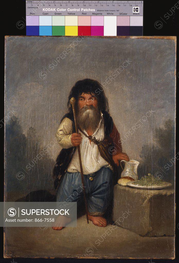 Stock Photo: 866-7558 Portrait of the dwarf Baiocco, holding a staff, with a jug, a loaf and a plate on a ledge at his Side. Franciscus Smuglewicz (1745-1807). oil on canvas, 38.1 X 29.7cm.