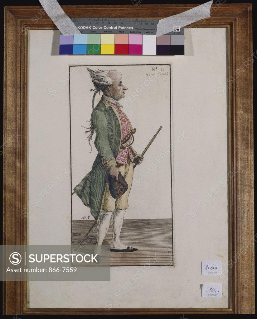 Stock Photo: 866-7559 No.14, Raim Cocchi. from: seven etchings of caricatures of Florentine individuals. Thomas Patch (1720-1782). watercolour, with full margins, dated in the plate, 1769.