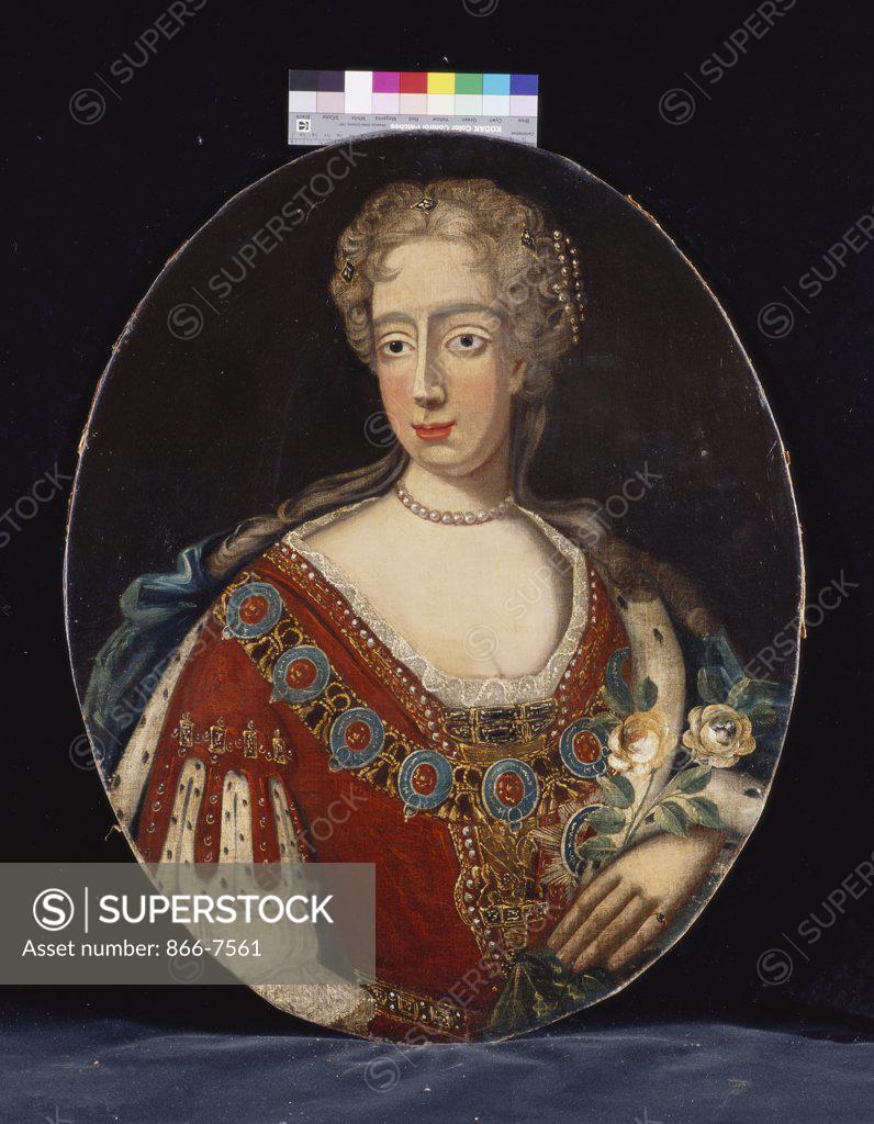 Stock Photo: 866-7561 Portrait of Queen Mary II, half length, in ceremonial robes wearing the collar of the order of the garter, holding a rose. English School, 18th Century. oil on canvas laid down on board, oval. 74.8 X 60.9cm.