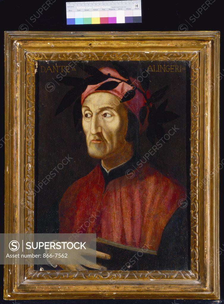 Stock Photo: 866-7562 Portrait of Dante, small - half length, holding a book. Italian School, Late 16th Century. oil on panel, 55.8 X 45.7cm.