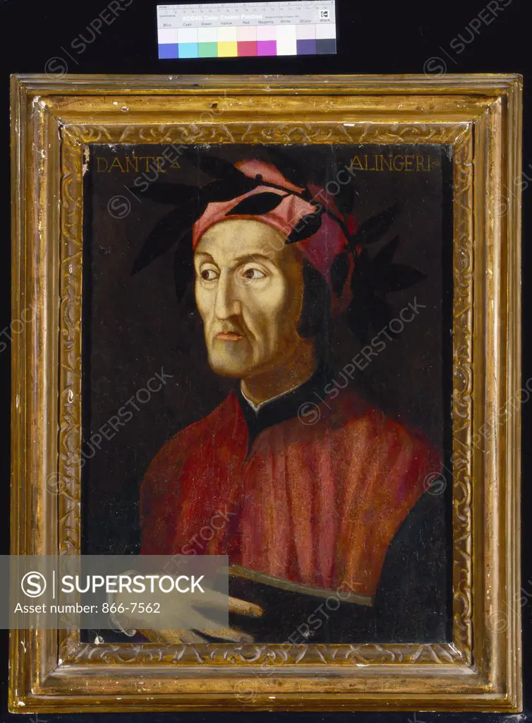 Portrait of Dante, small - half length, holding a book. Italian School, Late 16th Century. oil on panel, 55.8 X 45.7cm.