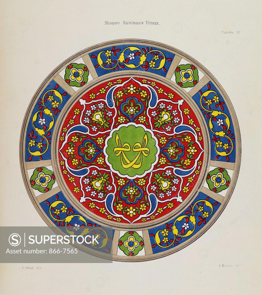 Stock Photo: 866-7565 Mosque, Suleimanie Vitraux. From Ottoman Architecture. Marie Delaunay. Lithographed Plate, 1873.