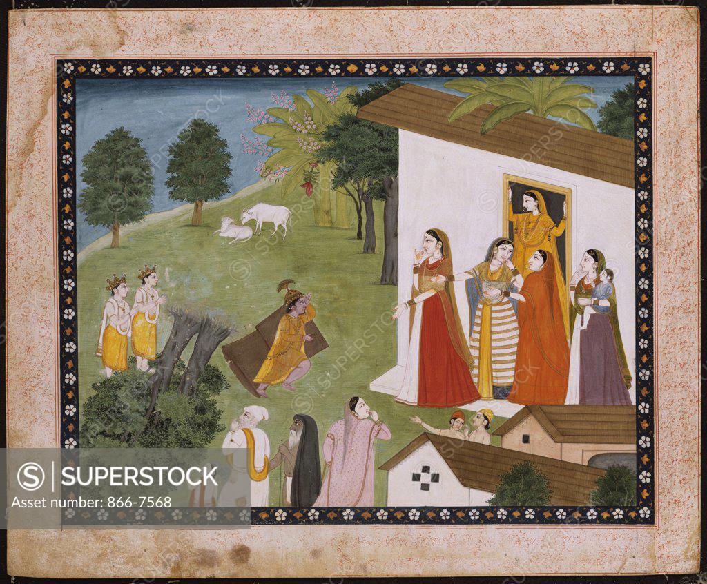 Stock Photo: 866-7568 Illustration To The Bhagvata Purana. Kangra, Circa 1790. Depicting Krishna, Yasada, Nanda And The Sons Of The Yaksha King Kubera: Nala And Kuvara. 20 X 26cm.