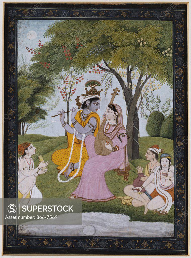 Stock Photo: 866-7569 Krishna And Radha Making Music. Kangra, C.1800. From The Court Of Raja Samsar Chan Of Kangra (R.1775-1823). 17 X 11cm.