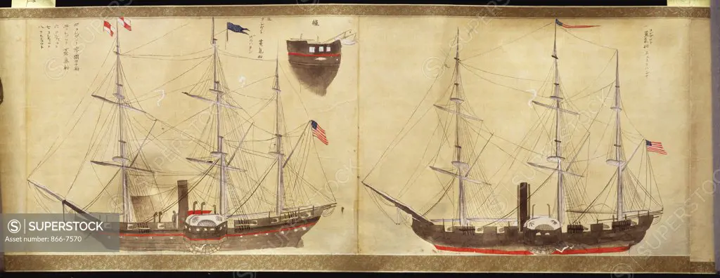 Scenes relating to the expedition of Commodore Matthew Calbraith Perry to Japan in 1854. Anonymous. Sumi and colour on paper, 31 x approx 1017cm. 19th century.