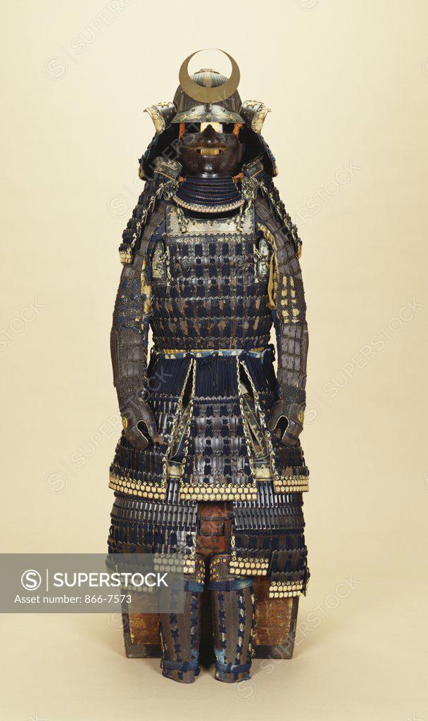 Stock Photo: 866-7573 A suit of samurai armour, the kabuto comprising a fine sixty-two plate russet-iron sujibachi and russet-iron mabizashi decorated with gold-leaf dragons. 18th/19th century.