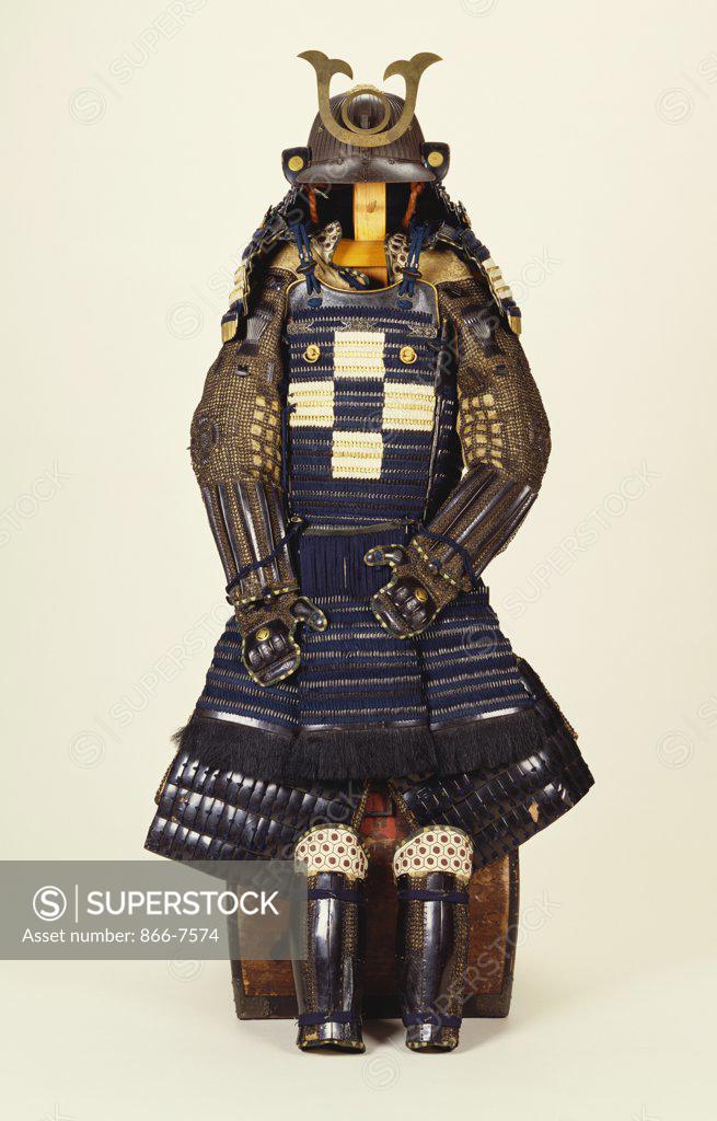 Stock Photo: 866-7574 A suit of samurai armour, the kabuto comprising a fine sixty-two plate russet-iron sujibach. Probably Myochin, 18th/19th century.