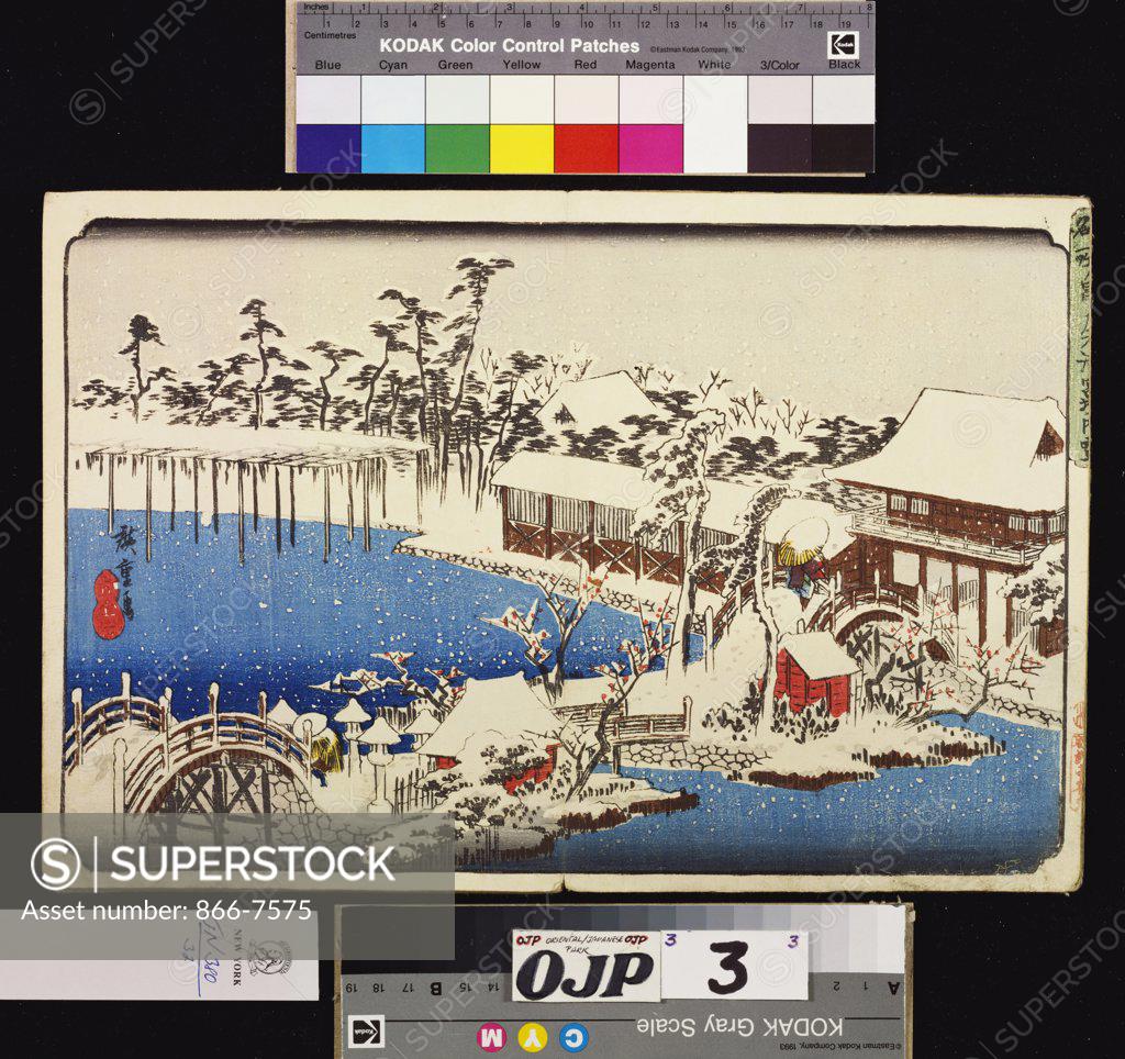 Stock Photo: 866-7575 Snow at the field of the Kameido Tenman shrine.  From the series 'Famous places of the eastern capital'.  Ando Hiroshige (1797-1858). 24.5 x 36.3cm.