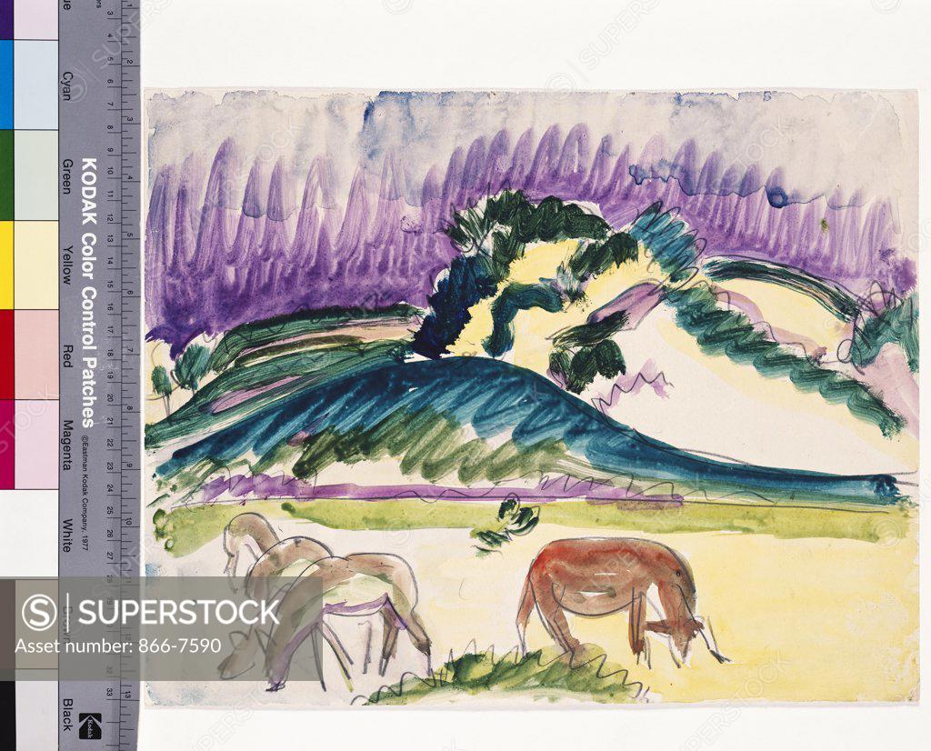 Stock Photo: 866-7590 Cows In The Pasture, By The Dunes. Vor Dunen Weidende.  Ernst Ludwig Kirchner (1880-1938). Watercolour Over Pencil On Paper, 1913.