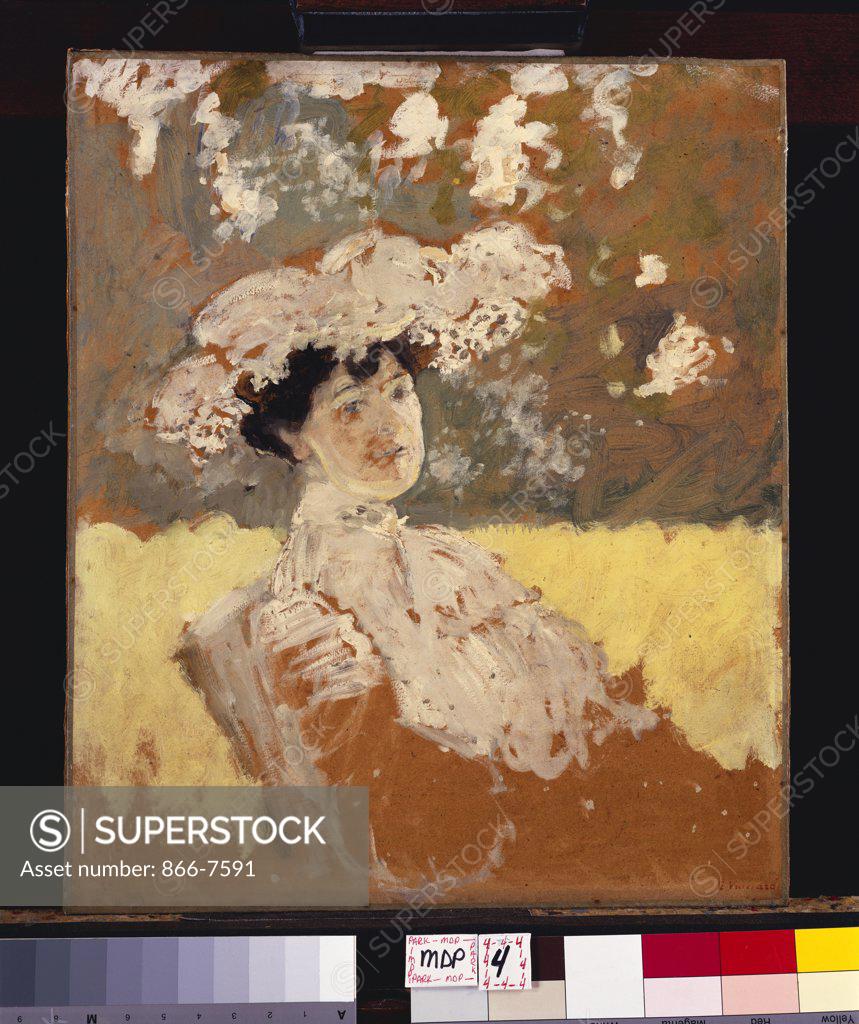 Stock Photo: 866-7591 Woman With A Hat; Femme Avec Un Chapeau.  Edouard Vuillard (1868-1940). Oil On Board.