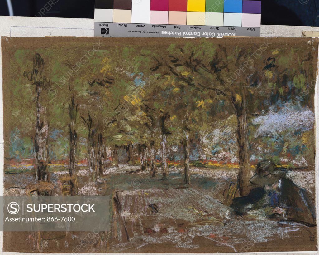 Stock Photo: 866-7600 Reading Beneath The Trees At Amfreville, Le Lecture Sous Les Arbres Amfreville. Edouard Vuillard (1868-1940). Pastel Over Pencil On Brown Paper Laid Down On Board, Circa, 1906.