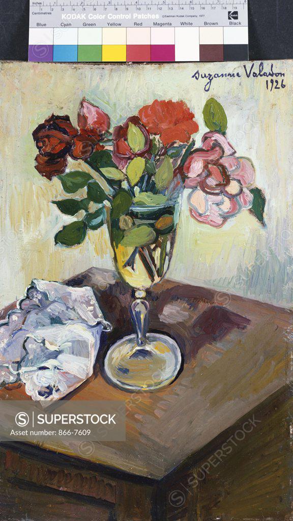Stock Photo: 866-7609 Bouquet Of Roses In A Glass. Bouquet De Roses Dans Un Verre.  Suzanne Valadon (1867-1938). Oil On Panel, 1926.