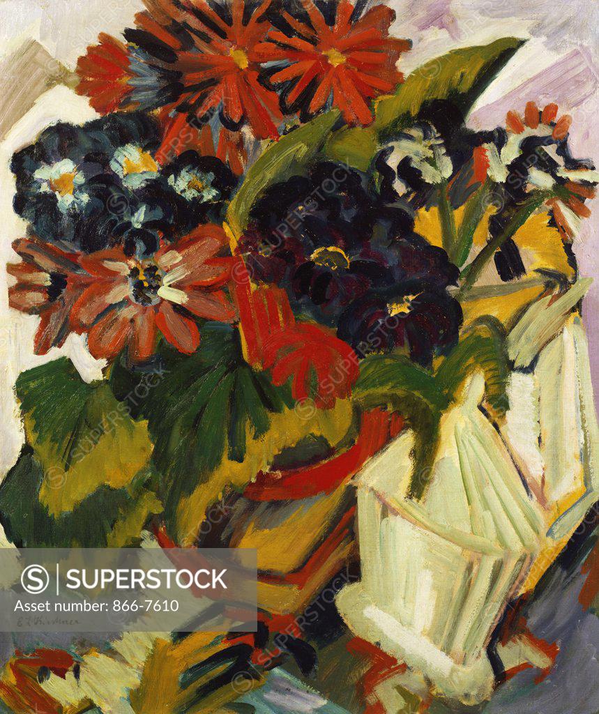 Stock Photo: 866-7610 Flowerpot And Sugarbowl. Blumentopf Und Zuckerdose. Ernst Ludwig Kirchner (1880-1938). Oil On Canvas, Circa 1918-1919.