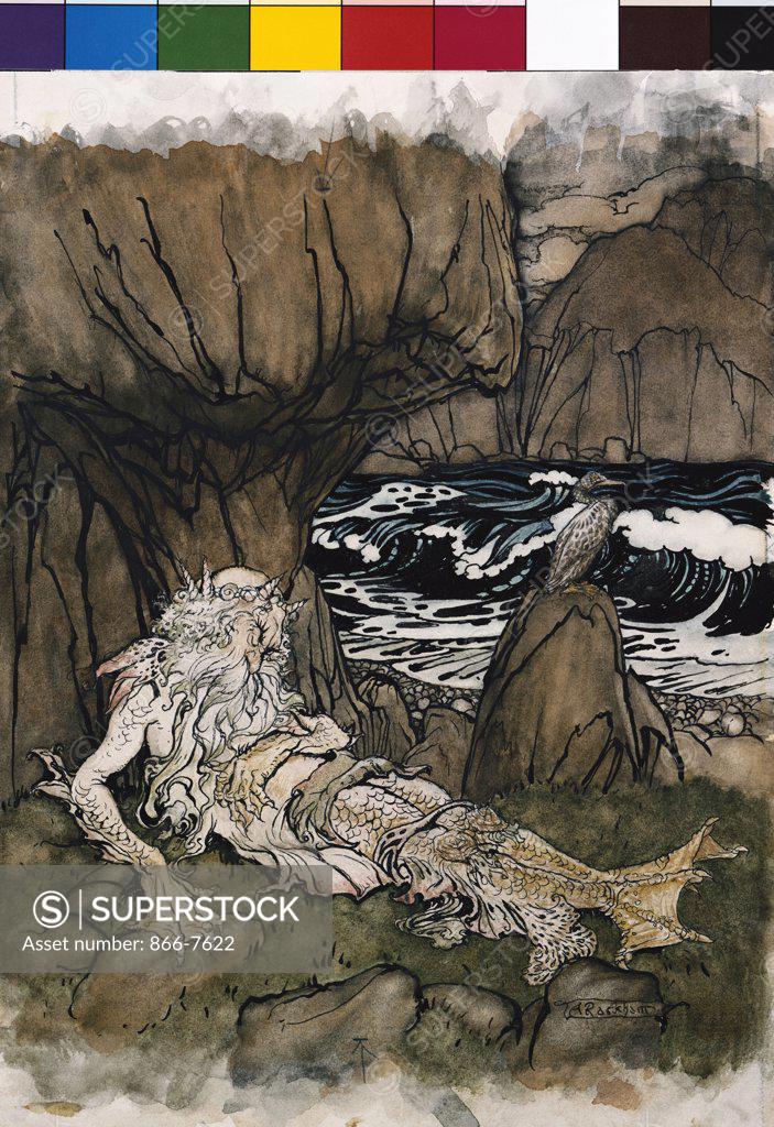 Stock Photo: 866-7622 A Crowned 'Merman' A Sea God Sleeping On A Rocky Shore. Arthur Rackham (1867-1939). Pen And Brush And Black Ink, Watercolor.