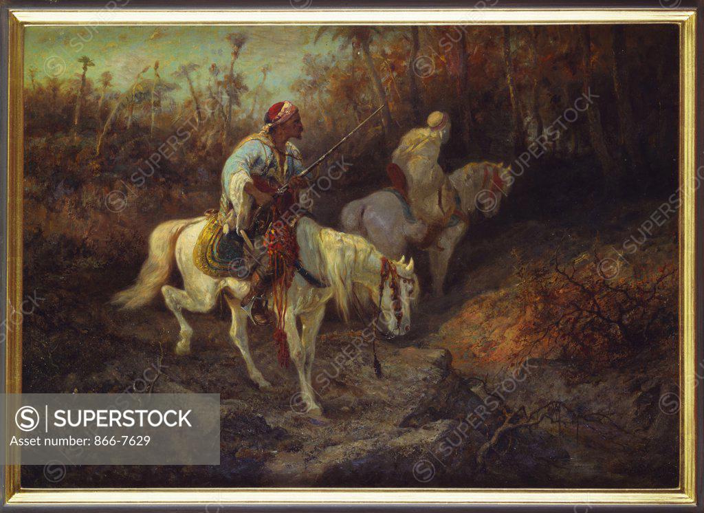 Stock Photo: 866-7629 Arab Horsemen At The Edge Of A Wood. Adolf Schreyer (1828-1899). oil on canvas, 21 1/2 X 31 1/2in.