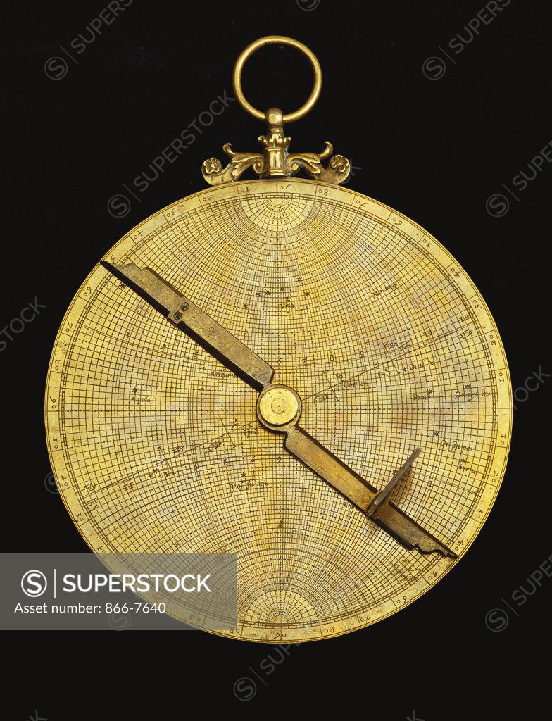 Stock Photo: 866-7640 A fine late 16th or 17th century European brass astrolabe possibly Flemish. Mater dimension 160mm diam.
