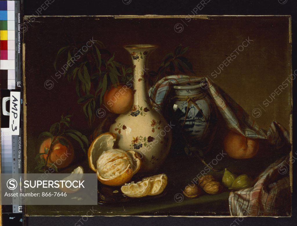 Stock Photo: 866-7646 Still life with vase, fruit and nuts. Joseph Biays Ord (1805-1865). Dated 1843, oil on canvas, 45.7 x 61cm.